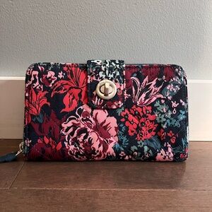 Vera Bradley RFID Turnlock Wallet in Performance Twill Cabbage Rose Cabernet